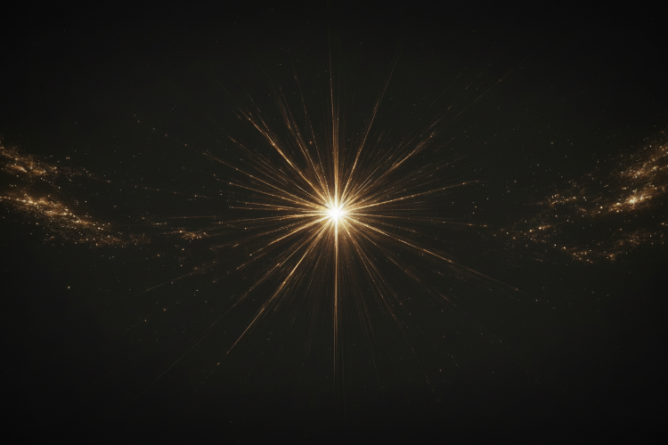 A radiant starburst with a bright white center and glowing gold rays spreading outward against a dark space-like background, with subtle golden speckles on both sides.