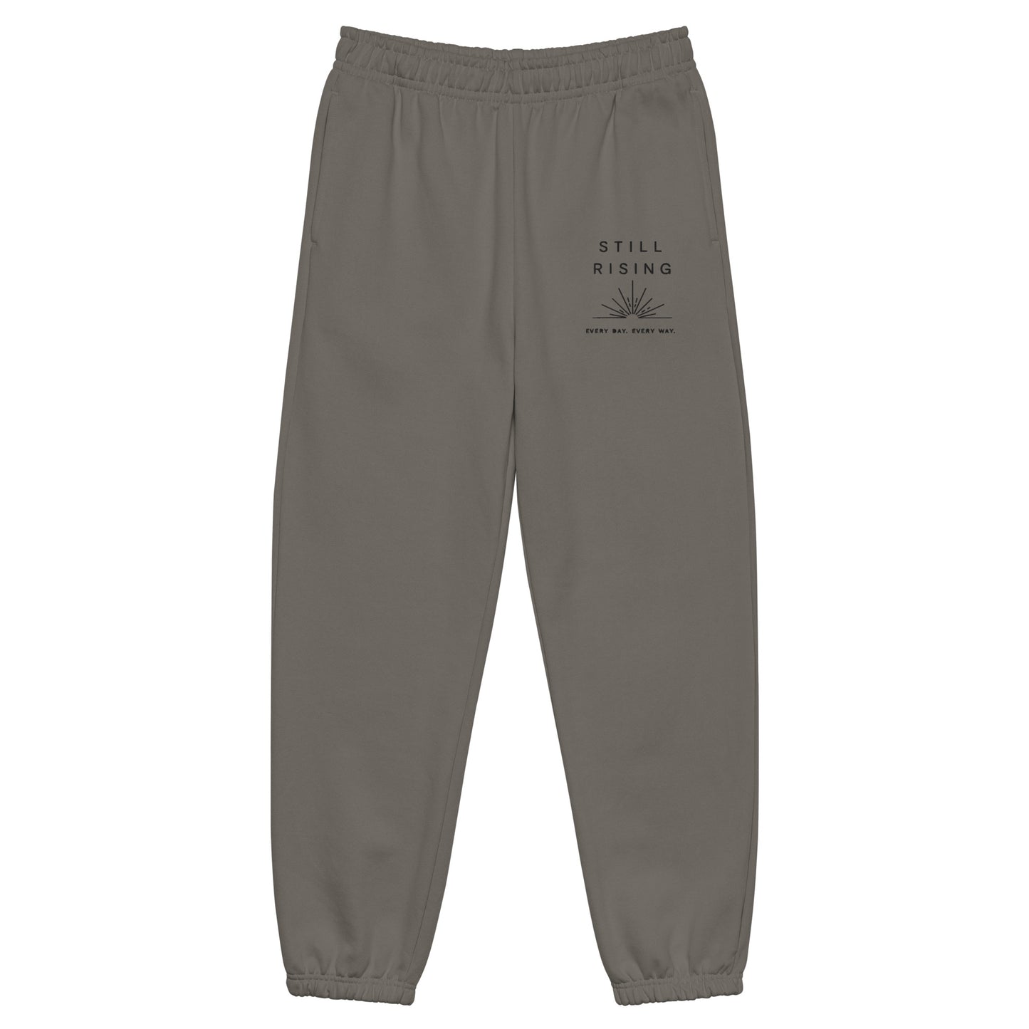 Gray sweatpants with a small logo on a white background