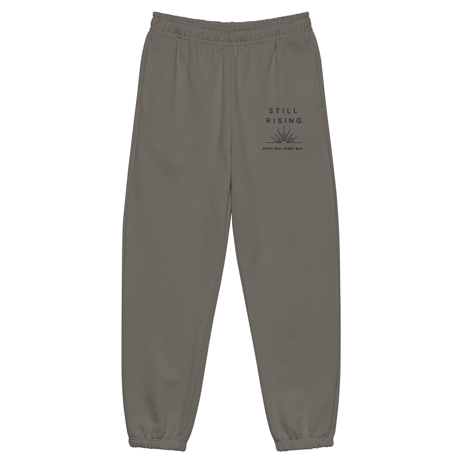 Gray sweatpants with a small logo on a white background