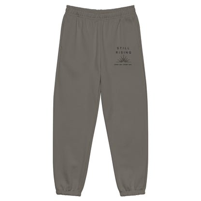 Gray sweatpants with a small logo on a white background