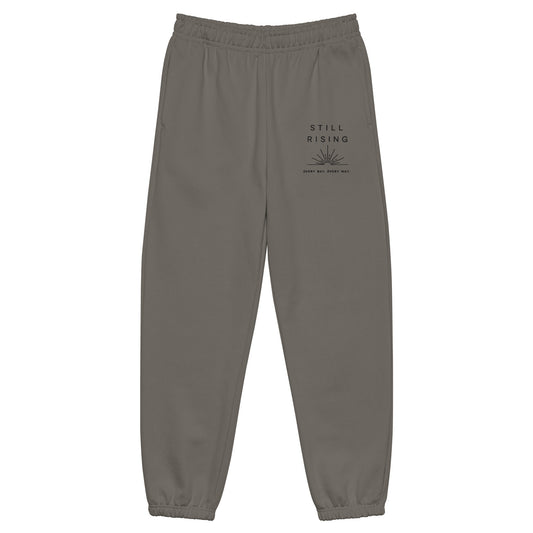 Gray sweatpants with a small logo on a white background