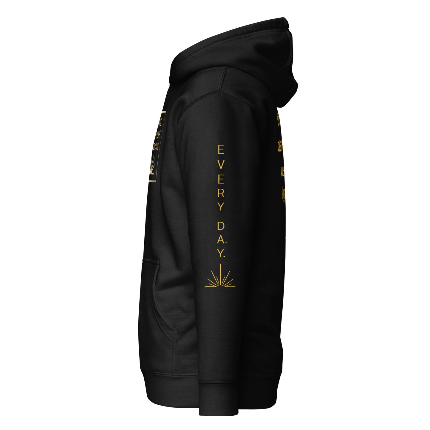 Black hoodie with a yellow logo on the chest against a white background