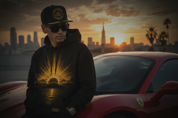A man wearing a black cap and sunglasses with a black hoodie featuring a golden sunburst graphic, leaning against a red Ferrari car with a city skyline at sunset in the background.