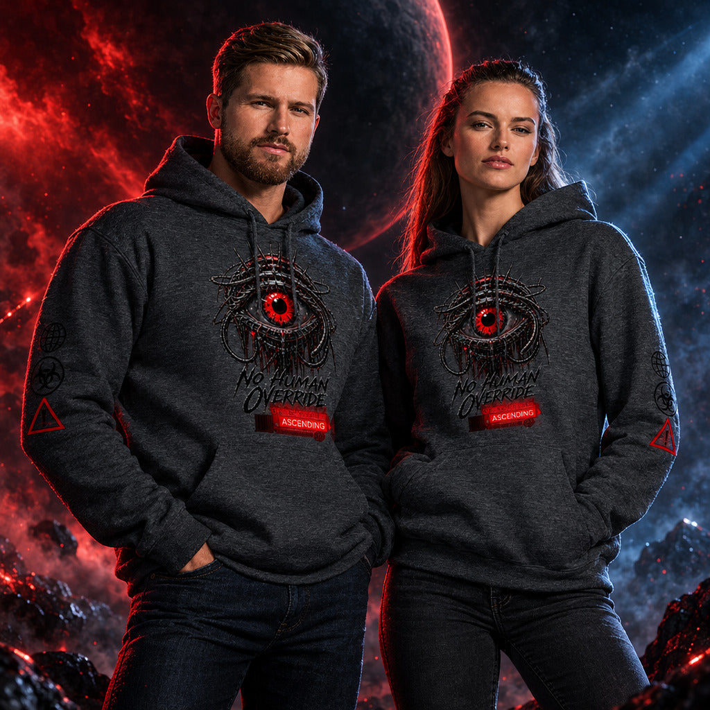 A man and a woman modeling matching dark heather gray hoodies with a graphic print of a red eye and the text 'No Human Override' and 'ARKENING' on the front, against a plain white background.