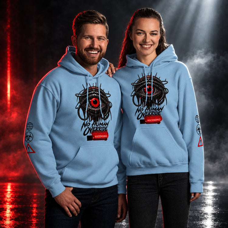 A man and a woman modeling matching light blue hoodies with a graphic print of a third eye and the text 'No Human Override' and 'AOKING'.