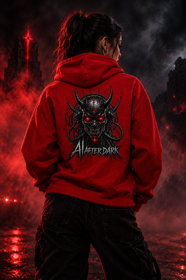 A man viewed from the back wearing a bright red hoodie with a large black and red demonic skull graphic and the text 'A AFTER DARK' printed on the back, paired with black jeans against a plain white background.